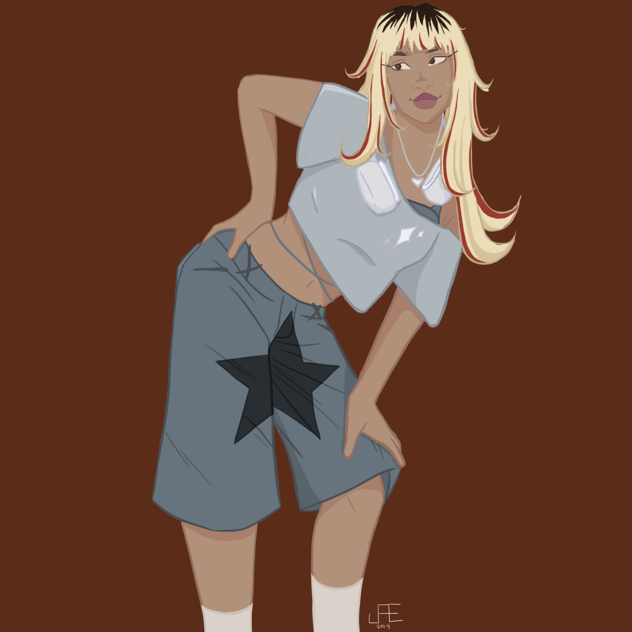 drawing of a Tan girl with blonde hair, posing with one hand on hip, one hand on knee